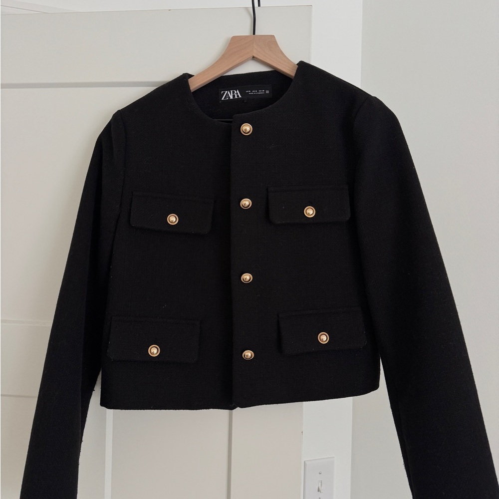 Zara Black Textured Blazer with Jewel Buttons